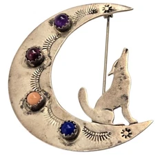 Cold Chisel Annie Chapo Sterling Silver Vintage Moon Howling Wolf Pin Brooch 