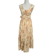 Mango MNG Committed Floral Maxi Dress Tan Cream Belted Sustainable Cotton XS 2
