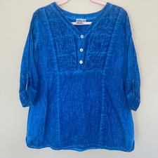 Parsley  Sage Popover Tunic Top L 100 Cotton Blue Pin-tucked Placket NEW 