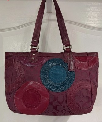 Coach Two-Tone Maroon and Teal Patchwork Shoulder Tote