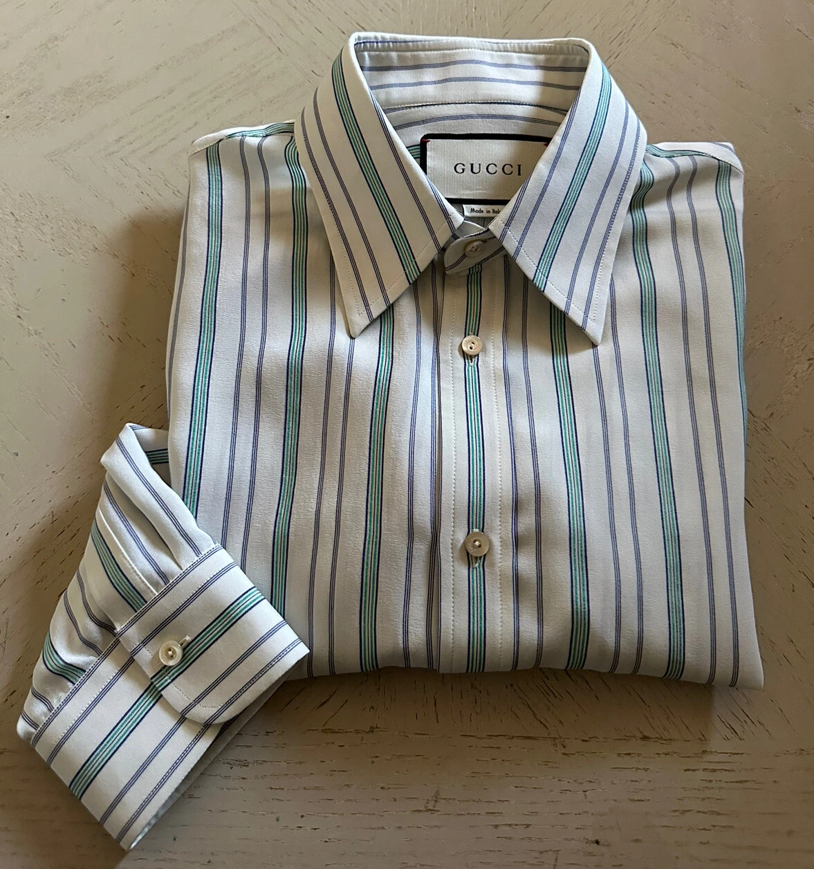 Chemise habillée homme Gucci en soie couleur blanc cassé/vert 39/15,5 Italie neuve