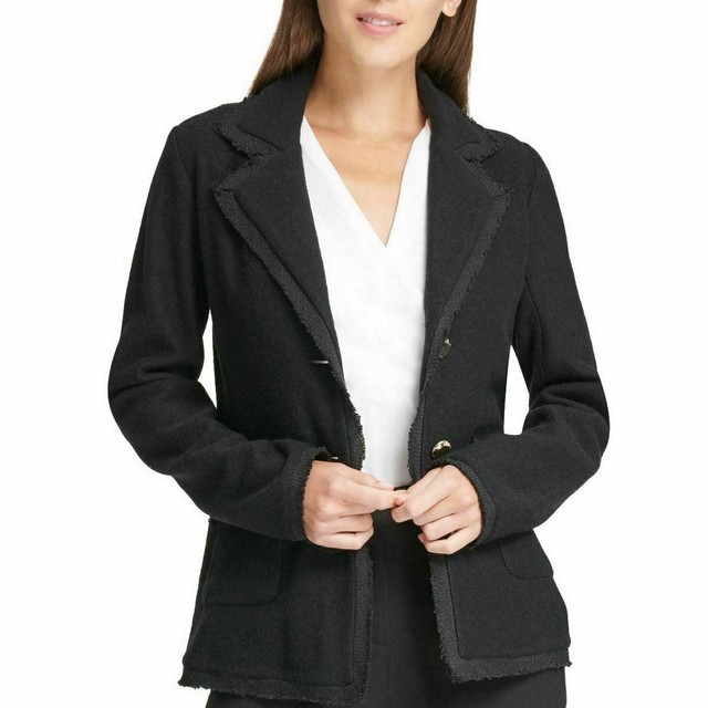 DKNY NEW Women's Black Wool Blend Threebutton Fringed Blazer Jacket