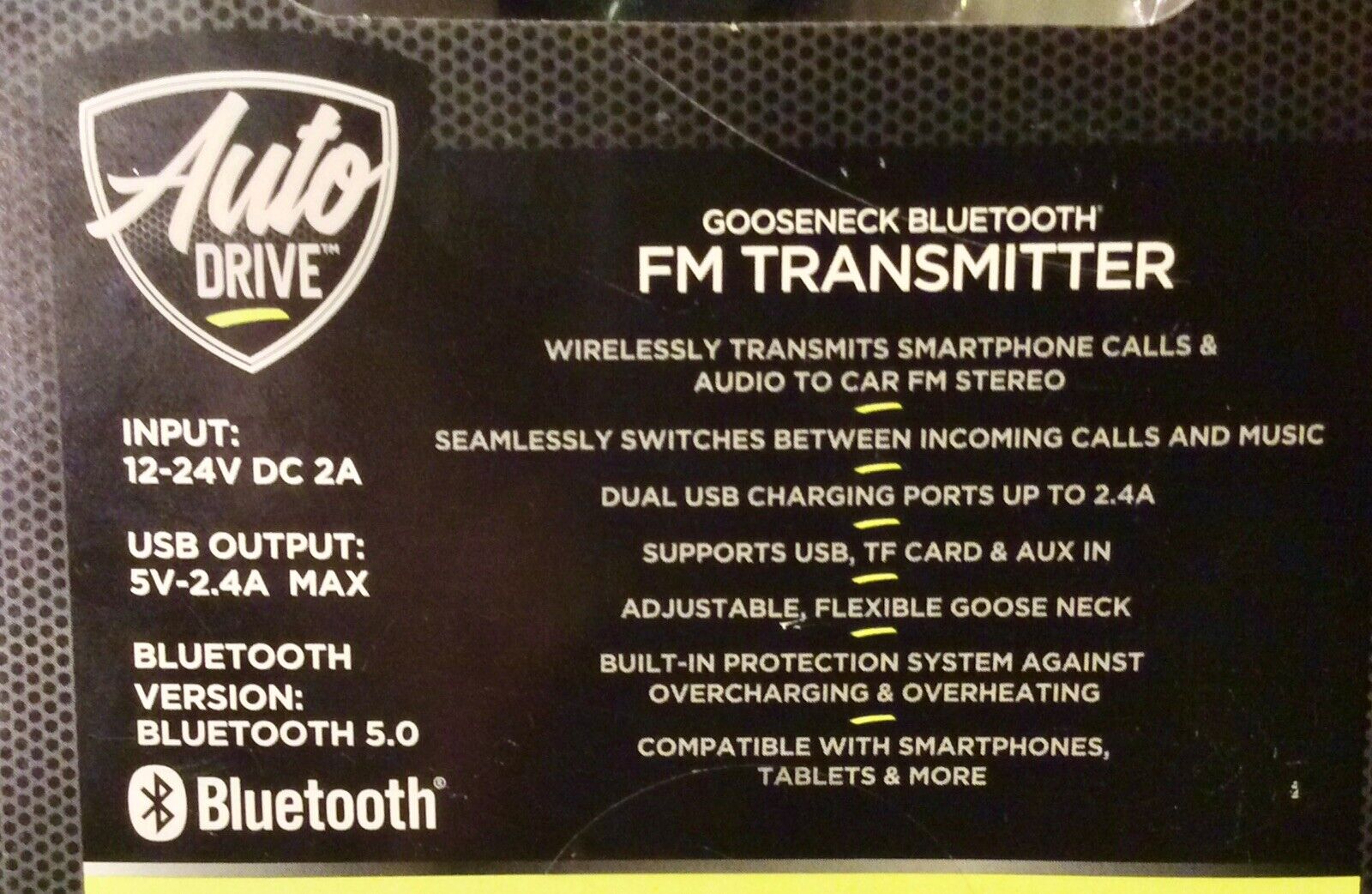 Auto Drive Gooseneck Low Profile Bluetooth FM Transmitter, Hands-Free Phone Calls, Dual USB Charging Ports