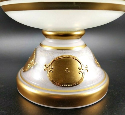 Antike Tschechoslowakei Böhmisch Satin Weiß Glas 24K Gold Medaillon Obstschale - Bild 7 von 12