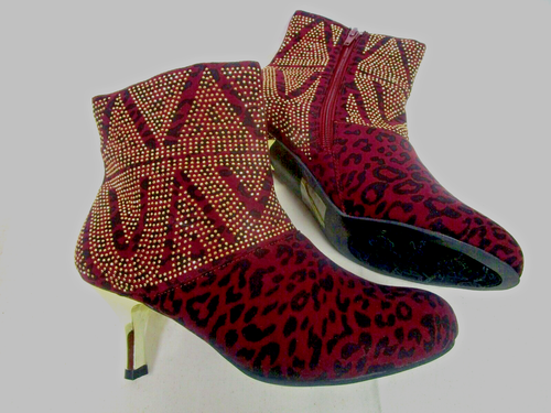 JOAN BOYCE DARK RED WINE LEOPARD EMBELLISHED KITTEN HEEL BOOTS SIZE 8M - NEW - Picture 2 of 4