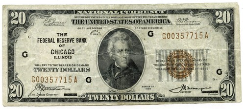 1929 $20 National Currency Note Chicago Illinois Federal Reserve Bank - L478