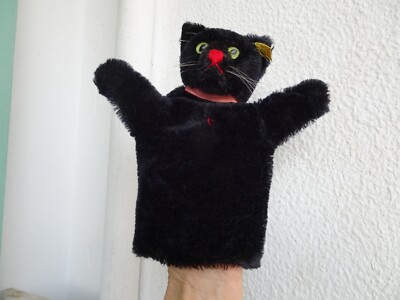 Vintage,Steiff,schwarze Katze,Handpuppe,Silberschriftknopf,ausgeblichenes Etikett,Orig.Band