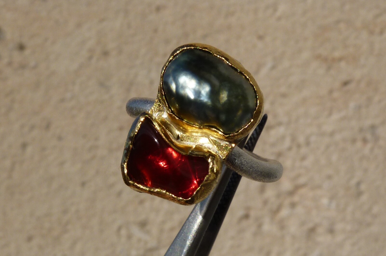 925 Silver And 24 Ct Gold Ring, 1 Fire Opal, 1 Keishi Pearl, Size 57 image 8
