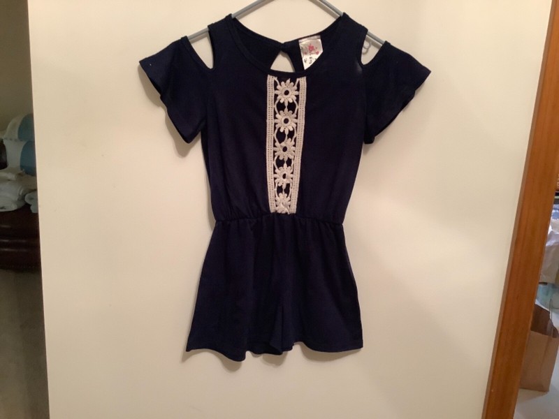  Jenna & Jessie Girls Romper, Navy w/White Accent Size 6, cool shoulder REDUCED!