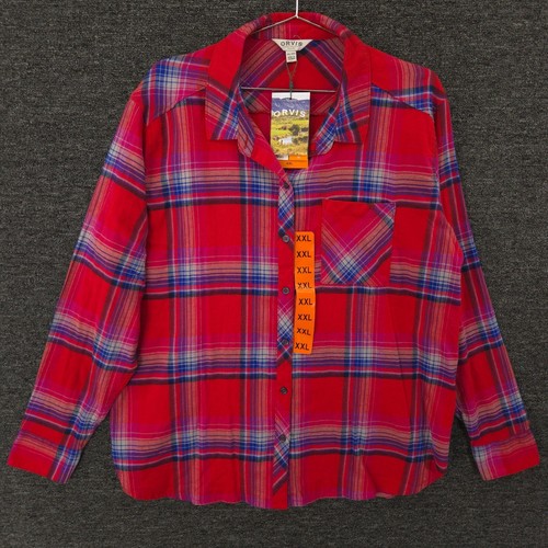 Orvis Flannel Shirt Womens XXL Red Laurie Plaid High Low Hem Stretch Button Up