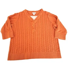 CJ Banks Womens Cable Knit Sweater Orange 1X Short Sleeve Button VNeck Pullover