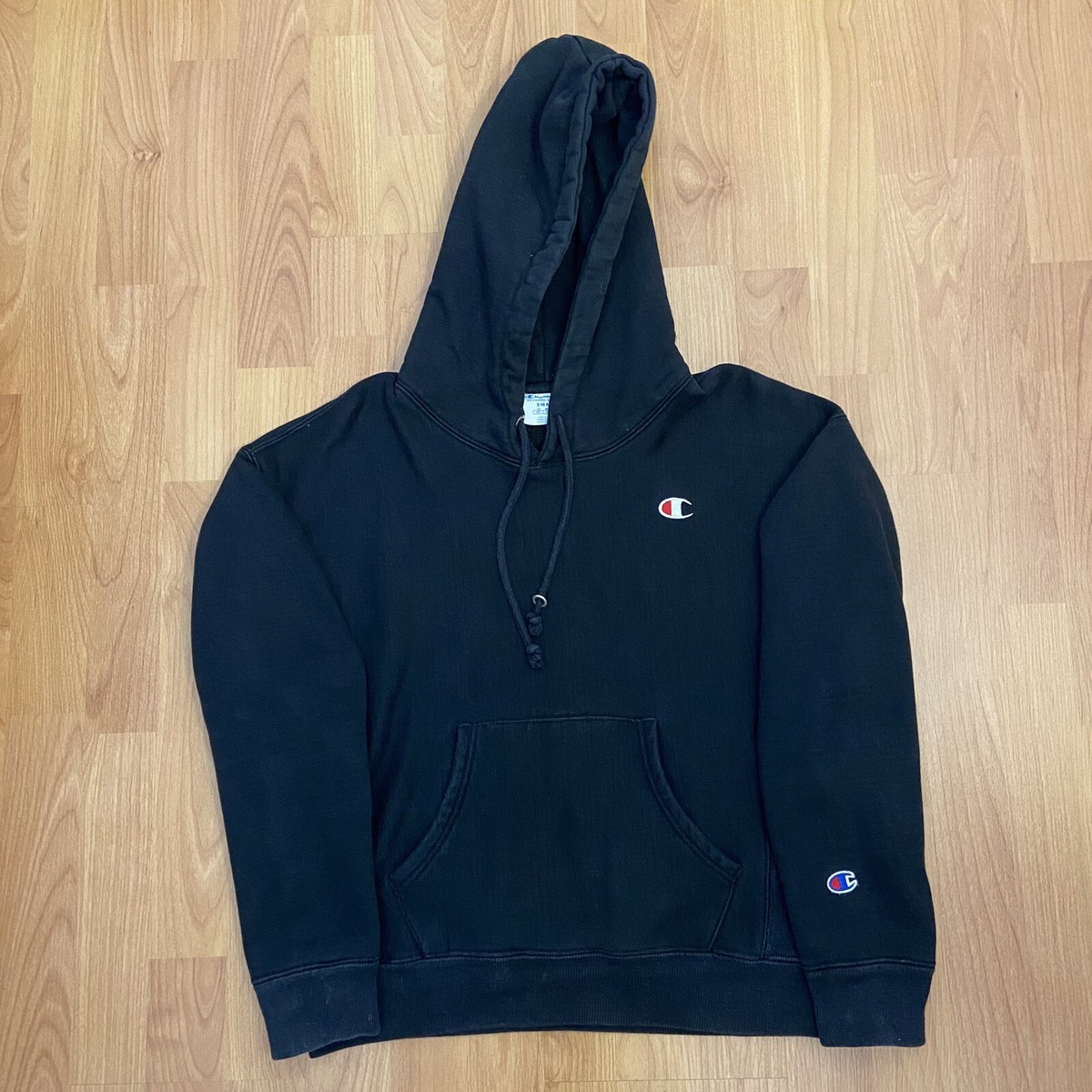 Vintage Champion Men's Black Reverse Weave Logo Hooded