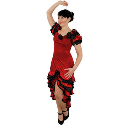 DAMEN ROTES RUMBA SPANISCHES KOSTÜM UND BLUMEN KOPFSCHMUCK FLAMENCO KOSTÜM