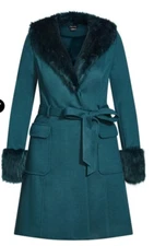 City Chic PLUS 20 Teal Make Me Blush Faux Fur Trim Winter Tie Front Coat Glamour