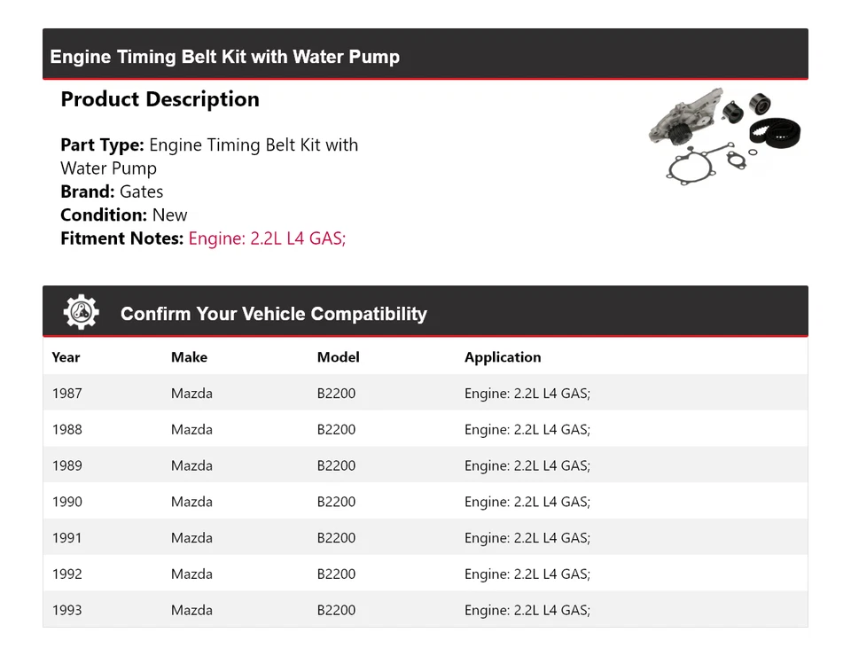 Kit de correia dentada para motor Mazda B2200 1987-1993 com portões de bomba de água 1988 1989 - Imagem 2 de 4
