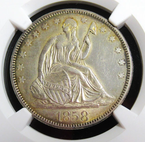 1858 50C Seated Liberty Half Dollar. NGC Unc Details Cleaned.