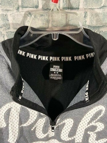 VICTORIA SECRET Ultimate PINK Sz M Pullover 1/4 Zip Sweater Black & Gray! - Picture 2 of 3