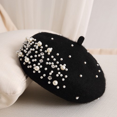 Fancy Pearl Rhinestone Wool Beret Cap French Girls Warm Beanies Hat Women - Picture 16 of 28