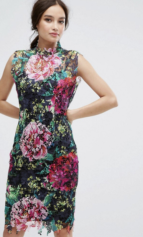 Paper Dolls High Neck Black Pink Floral Crochet Lace Pencil Dress ASOS Petite 6