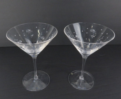 NOS Lot of 2 Williams Sonoma Etched Snowmen Martini Glasses