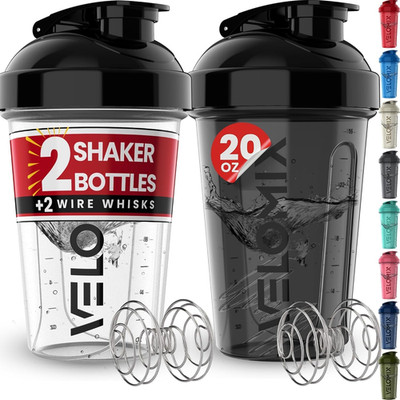 -2 Pack- 20 Oz Protein Shaker Bottles for Protein Mixes - 2X Wire Whisk | Leak P