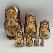 Signed Matryoshka Russian Nesting Dolls Wood Burned w/ Gold Architectural Motif
