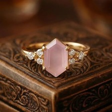 Hexagon Cut Rose Quartz &Moissanite Engagement Ring 925 Silver Accent Stone Ring