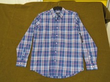 GEORGE Casual Button-Down Shirt Men s L Navy Red Plaid Stretch Wrinkle Resistant