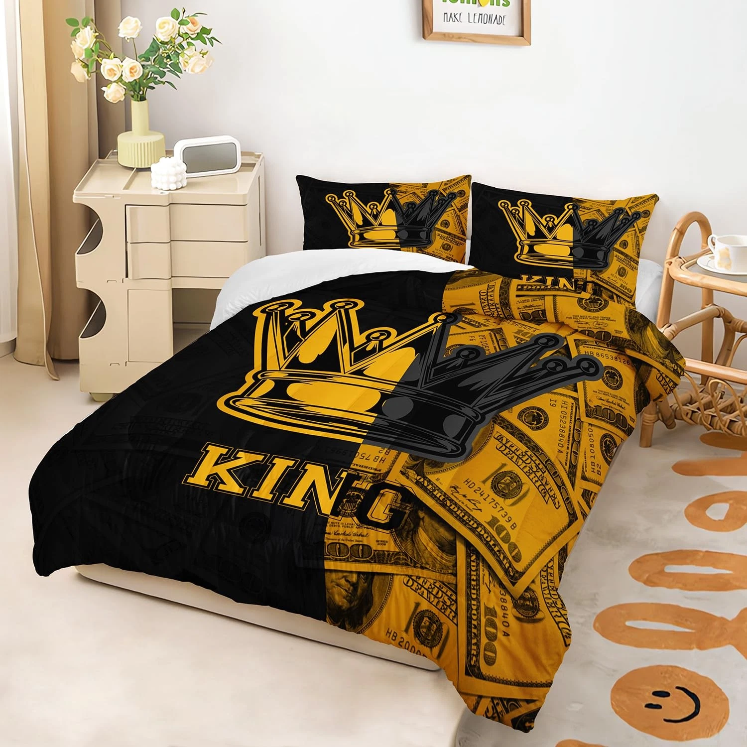 Black and Gold Printed Couple Queen Bedding Set with Crown Design