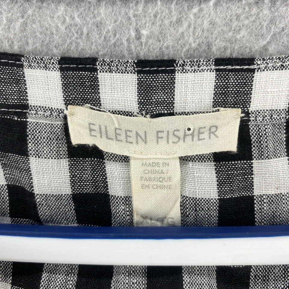Eileen Fisher M Black White Gingham Linen Top 3/4 Sleeve Boxy Organic Blouse - Image 2 of 4