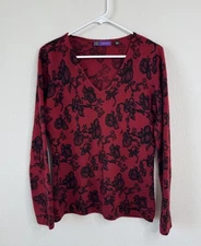 Saks Fifth Avenue Women's Red 100% Cashmere Floral Sweater Sz M Dark Romantic