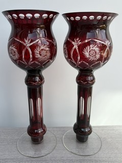 Large Pair Vintage Etched Bohemian Ruby Red Cut to Clear Glass Candle Holders