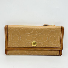 Coach Signature Logo Embossed Leather Tri Fold Stitched Wallet License Window