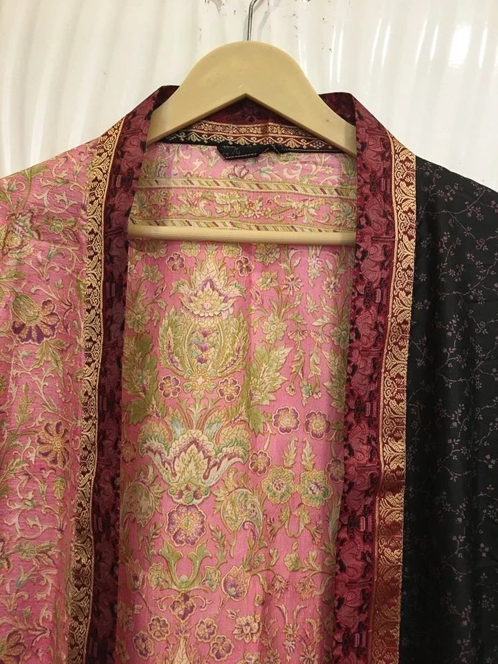 Jaqueta cardigã curta de seda pura quimono espanador capa roupão solto rosa-preto KMS3715 - Imagem 2 de 4