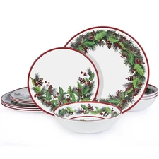 12-Piece Christmas Melamine Dinnerware Sets,Holiday Dishes Set For 4, Lightwe...