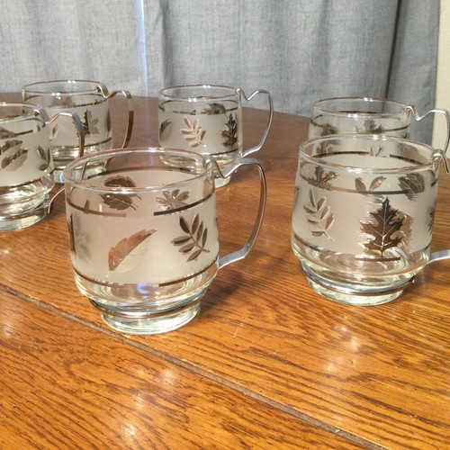 Set of 6 Libbey Glass Co. Silver Leaf 3 1/4-inch Cups Mugs with Metal Handles