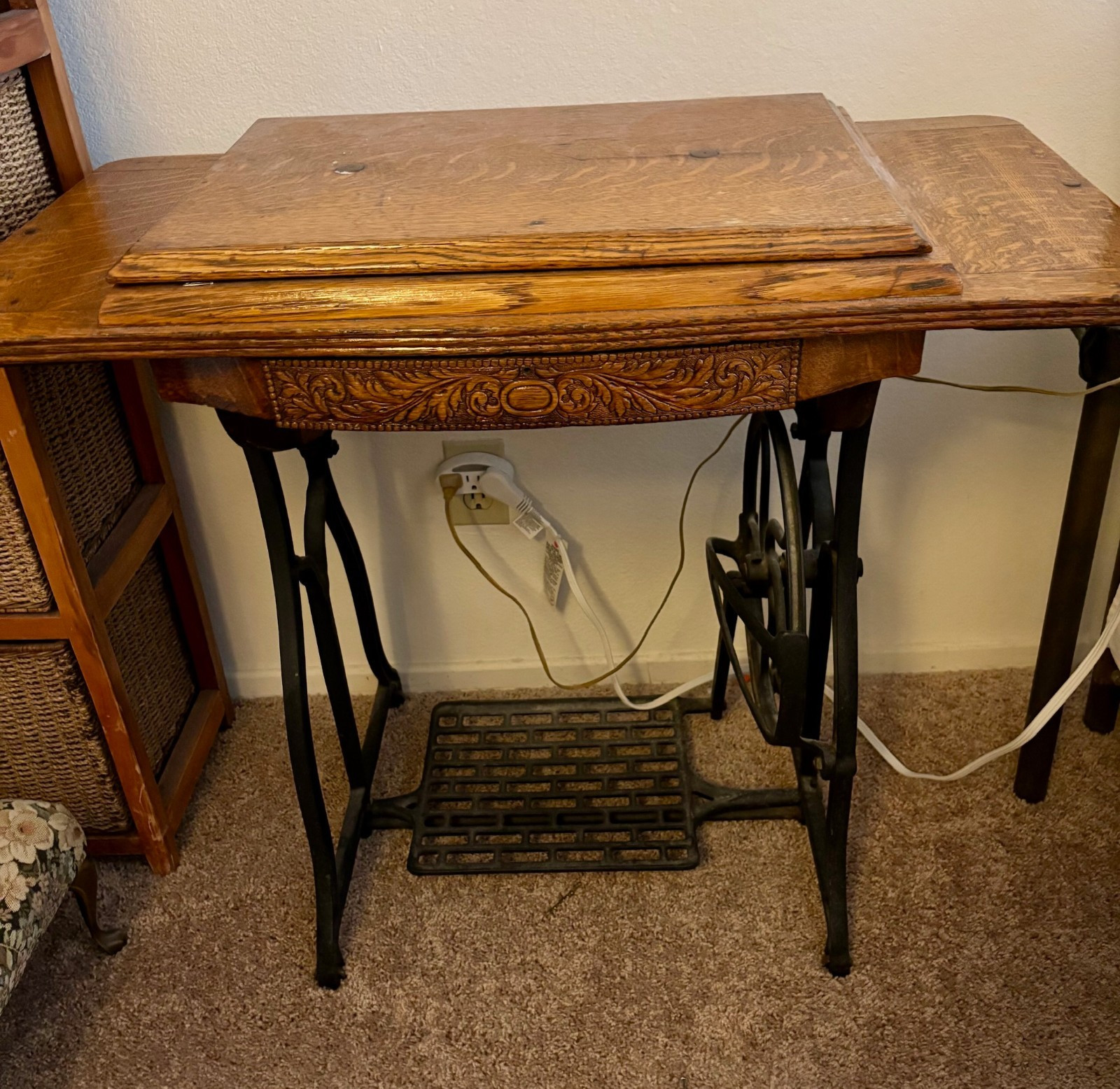 Antique Sewing Machine Table w/ Wrought Iron Stand & Treadle - No Machine