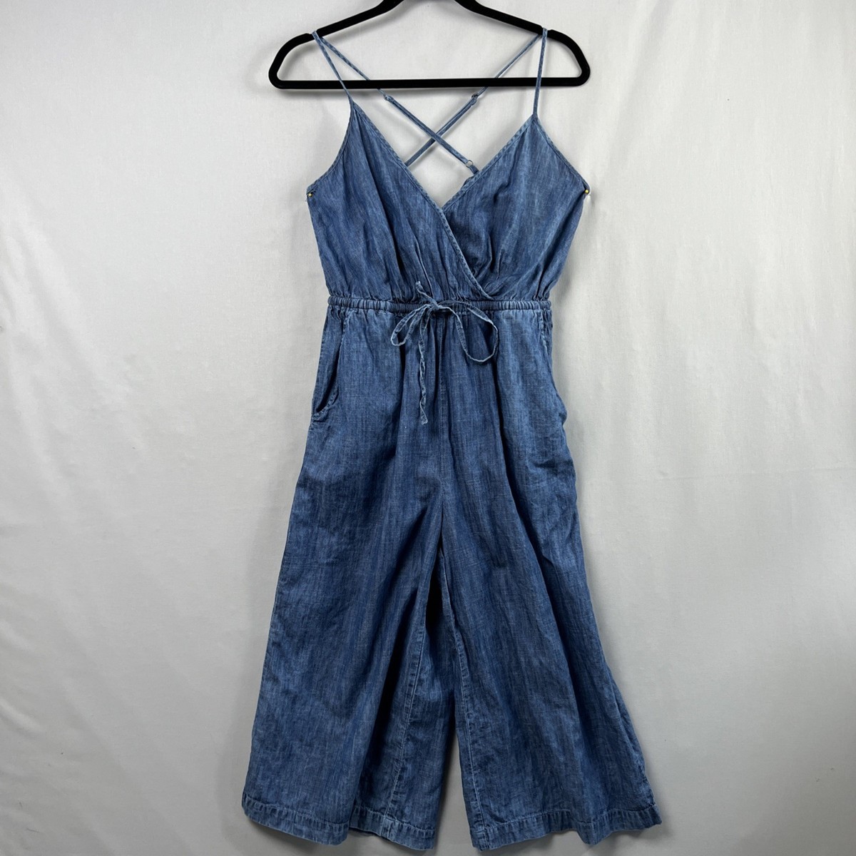 BCBG Generation Denim Jumpsuit Womens Small Romper Faux Wrap Spaghetti  Straps | eBay