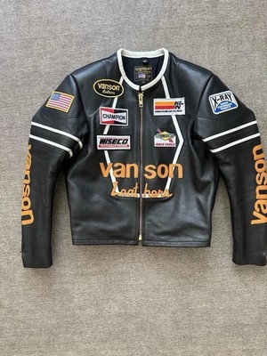 Vanson Leathers Racing Motorradjacke schwarz Rindsleder Bikerjacke mit Patches