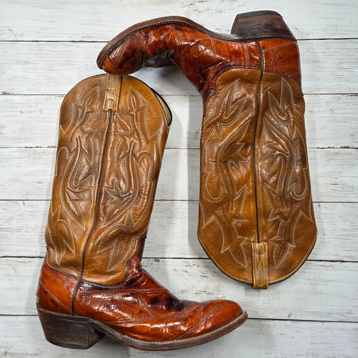 Vintage White Diamonds Cognac Brown Eel Skin Leather Cowboy Boots Pointed Toe White Diamonds Boots: Mexican Artesanal Craftsmanship main image 4