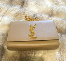 Saint Laurent Beige Kate Bag- Folding Chain Wallet Clutch, Solid, Logo Accents