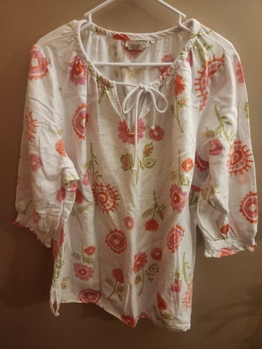 Orchadia Women's Linen Blend Coral White Pink Floral Blouse Top Size 1X Boho USA