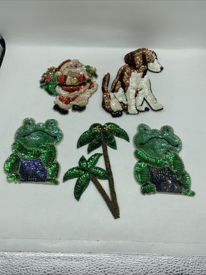 VTG Sequin Applique Lot 5 Sew On Patches Dog Frogs Santa Palm Tree 1980s 1990s