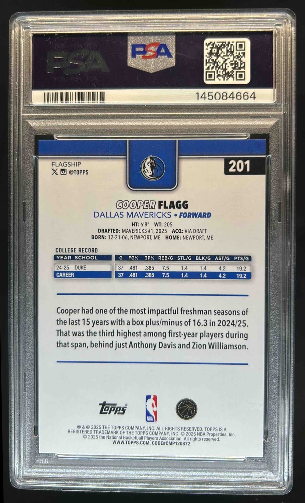 2025-26 Topps Cooper Flagg RC Rookie #201 Mavericks PSA 10 GEM MINT view 2