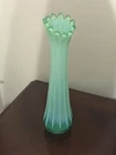 Vintage Fenton-style Green Opaline Ribbed Vase with Crimped Rim