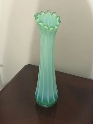 Vintage Fostoria-style Green Opalescent Ribbed Vase with Crimped Rim