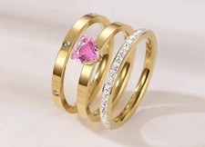 Gold Plated Stackable Band Ring Set with Pink Heart Cubic Zirconia