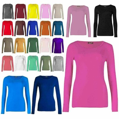 Damen Frauen Langarm Stretch Uni U-Ausschnitt T-Shirt Top sortiert 8-26
