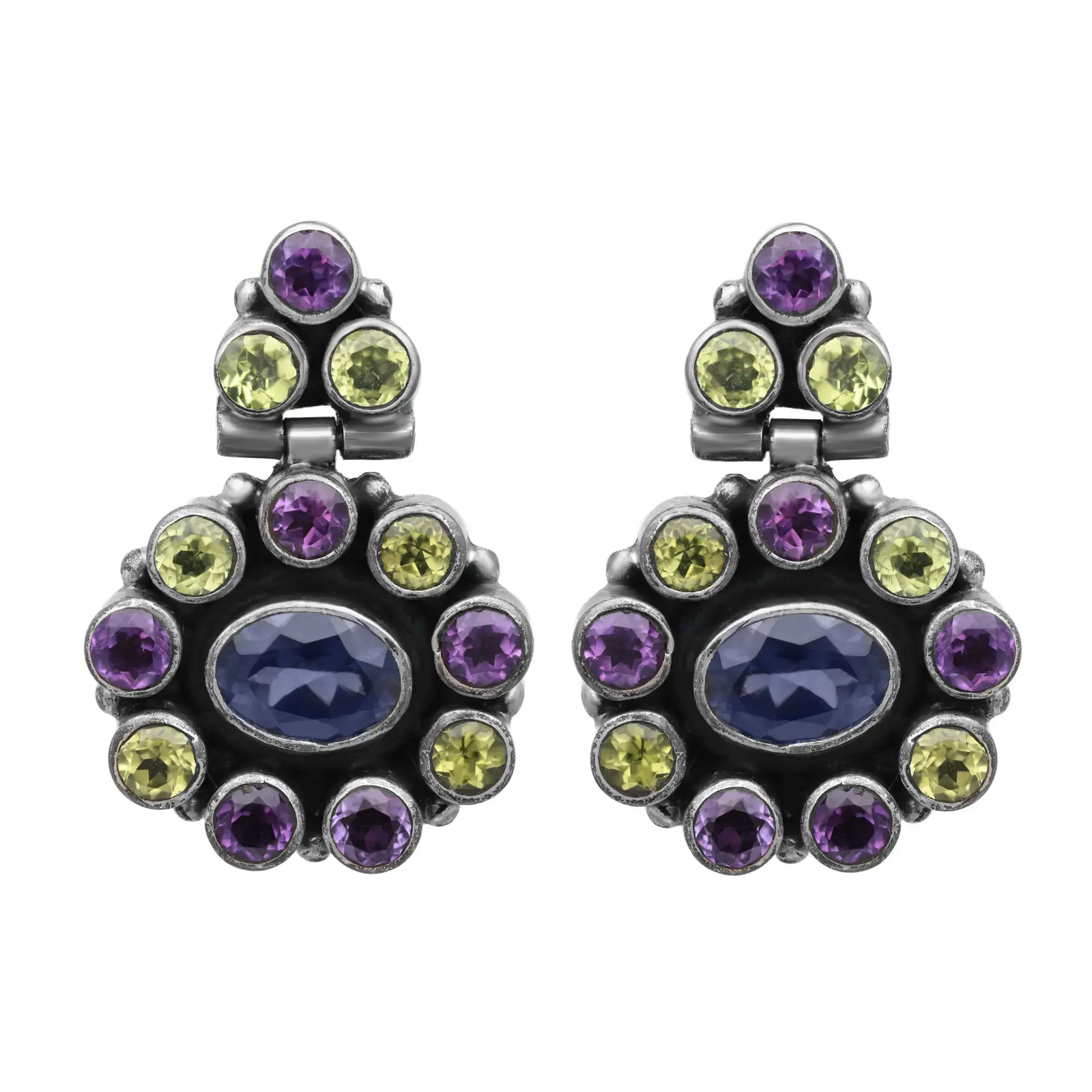 Peridot, Iolite and Amethyst Drop Earrings 925 Sterling Silver