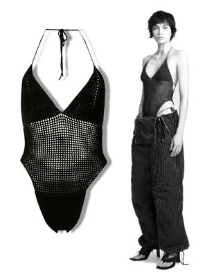 DION LEE Black Open Back Crochet Knit Halterneck Bodysuit 14 US 10
